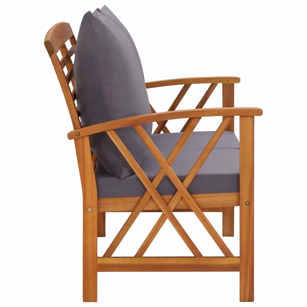 Panca da giardino vidaXL in legno di acacia oliato con cuscini grigi e braccioli, L: 119 cm – 2