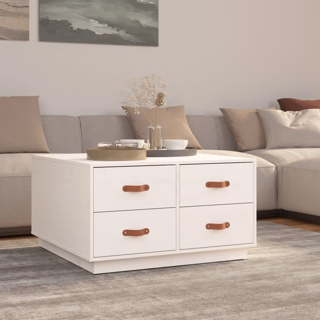 The Living Store Tavolino bianco 80x80x45 cm in legno di pino massiccio