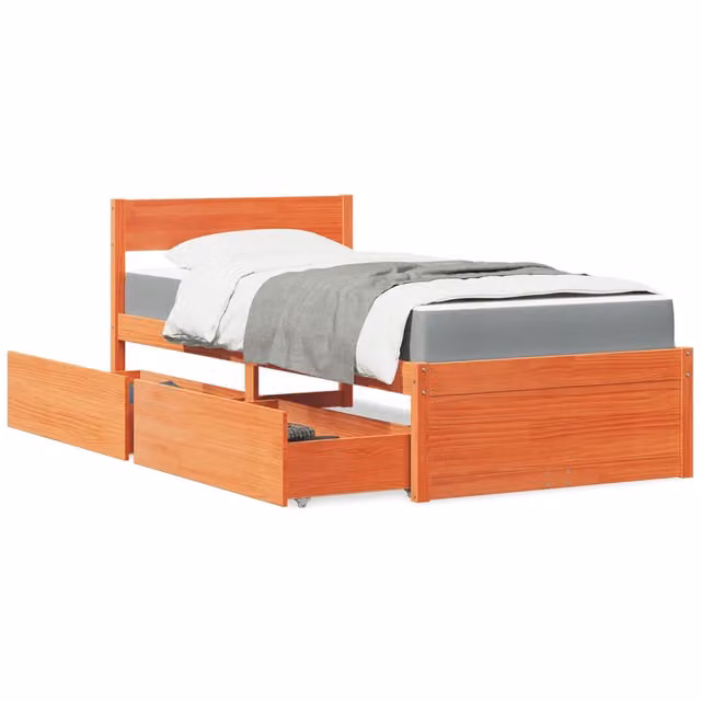 Letto con cassetti e materasso vidaXL in legno massello di pino color marrone cera L/P/H: 195.5 x 90 x 78 cm