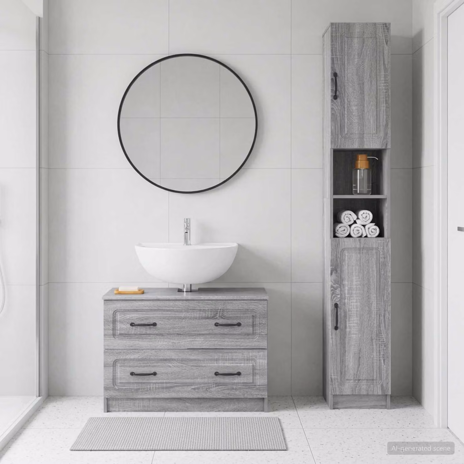 Set di mobili da bagno vidaXL UTRECHT composto da 2 pezzi, mobile alto e mobile sottobanco, colore grigio Sonoma, design moderno con ante a cerniera e ripiani interni