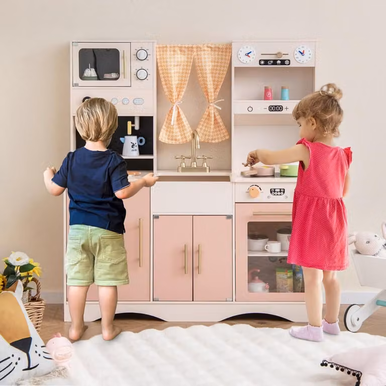 Set da cucina giocattolo in legno Costway con microonde e macchina del caffè, rosa, per bambini dai 3 anni in su