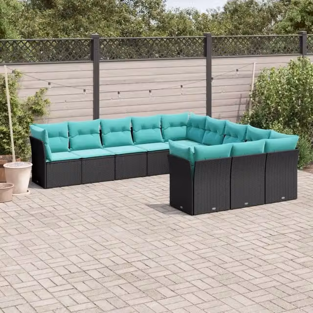 Set di divani da giardino a forma di U vidaXL composto da 11 pezzi con cuscini in polyrattan nero e blu con coperture rimovibili e resistenza ai raggi UV