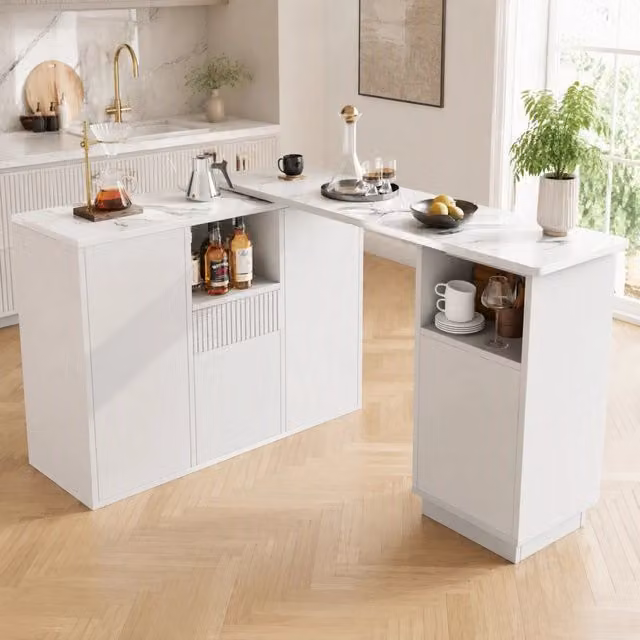 Bancone Bar Girevole REDOM Bianco in MDF con Piano Rotante L: 210 cm, P: 30 cm, H: 100,9 cm