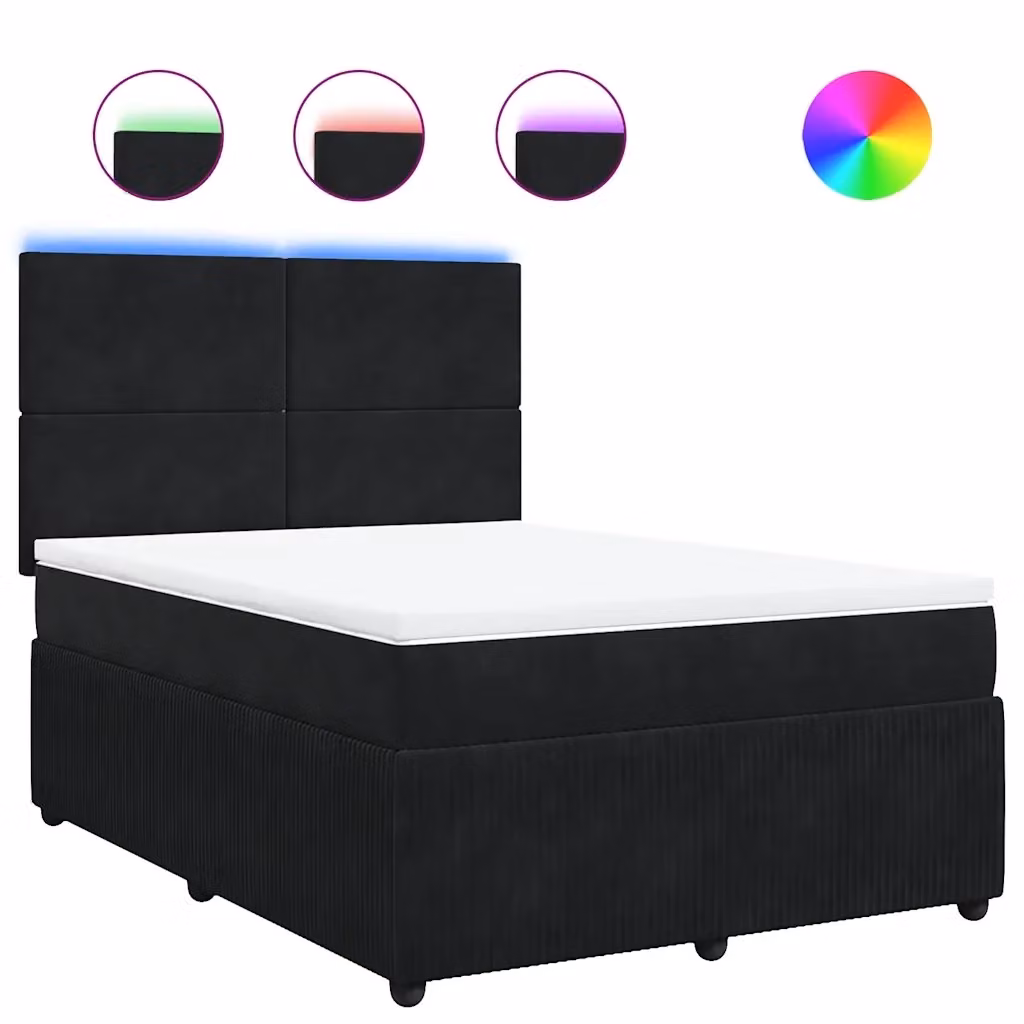 Letto Ibrido vidaXL con Materasso a Molle in Velluto Nero e Bianco, con Illuminazione Sotto il Letto e Porta USB, L/P: 140 x 190 cm – 2