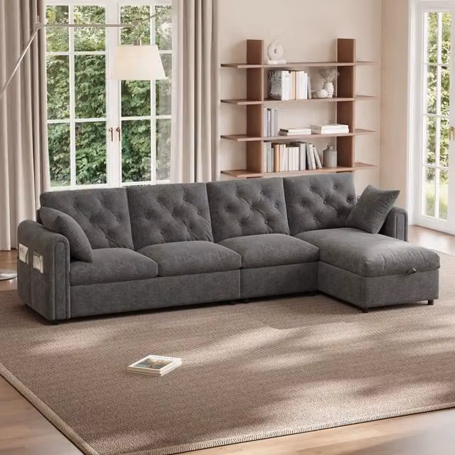 Divano angolare reversibile a L 281x86x71 cm; divano con contenitore; braccioli con tasche; schienale trapuntato; velluto; grigio
