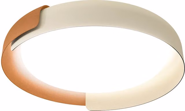 Plafoniera KDLN Dala LED dimmabile in metallo e legno, beige e rame, forma rotonda