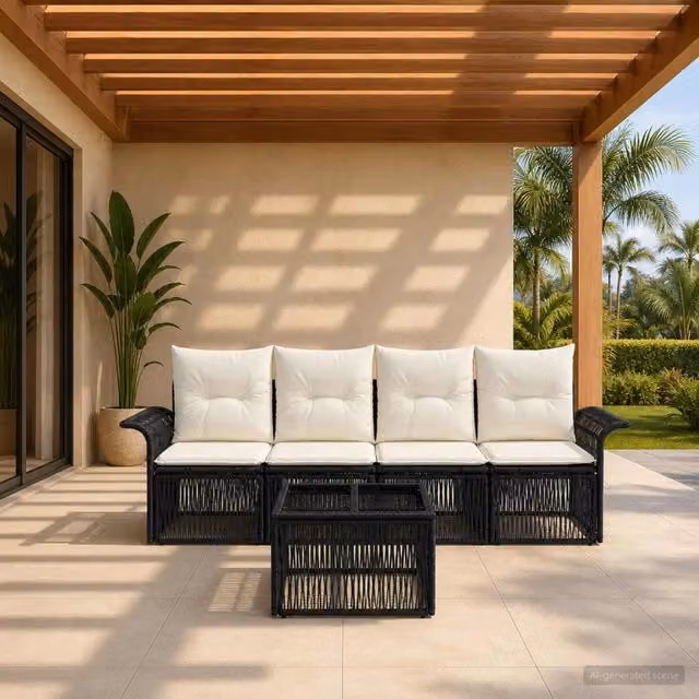 Set Divano da Giardino 5 Pezzi vidaXL Nero con Cuscini e Tavolino in Polyrattan e Acciaio – 1