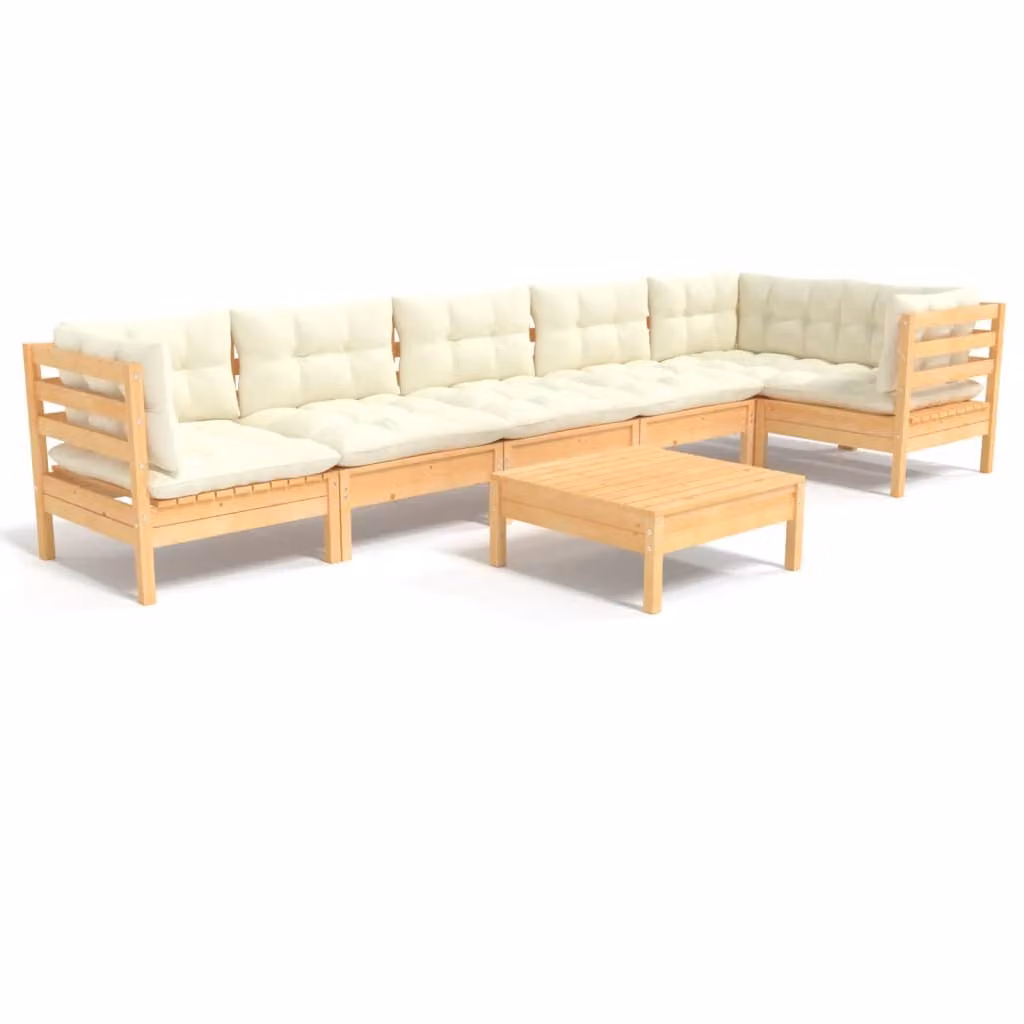 Set Salotto da Giardino 7pz con Cuscini Crema in Legno di Pino