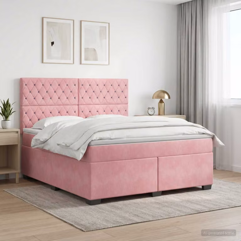 Letto box spring con materasso vidaXL in velluto rosa e bianco, L/P/H: 200 x 160 x 76,5 cm