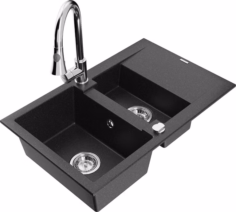 Mexen Gaspar lavello in granito a 1,5 vasca con sgocciolatoio e rubinetto da cucina Elia, nero/argento metallizzato