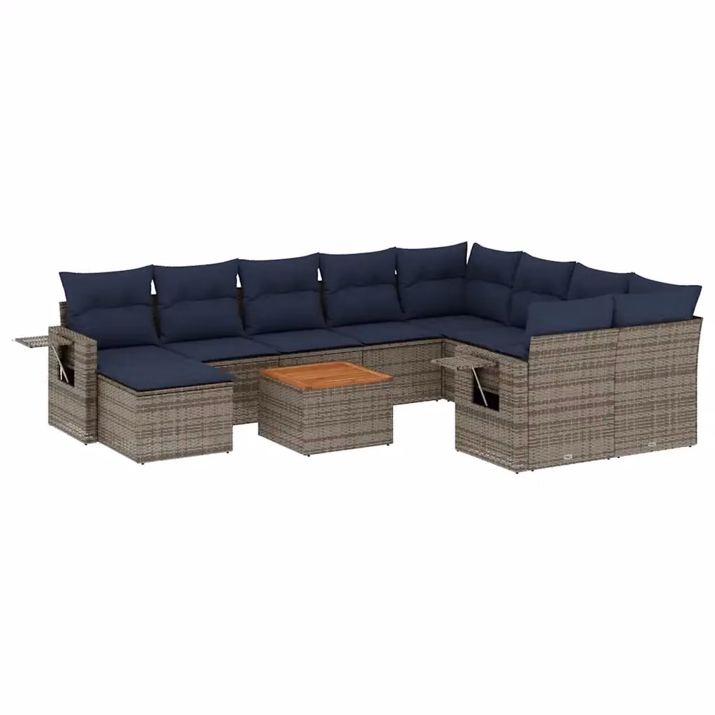 Set di divani da giardino vidaXL composto da 11 pezzi in rattan con cuscini grigi e blu e struttura in acciaio verniciato a polvere – 2