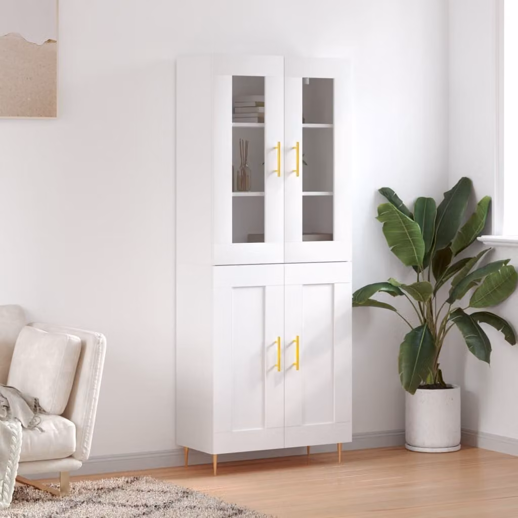 Credenza moderna vidaXL bianca con ante in vetro e ripiani interni, L: 69,5 cm, P: 34,0 cm, H: 180,0 cm