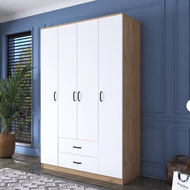 Armadio da camera da letto DMORA con ante scorrevoli e ripiani interni, Bianco e Marrone, L: 140 cm, H: 210 cm – 1