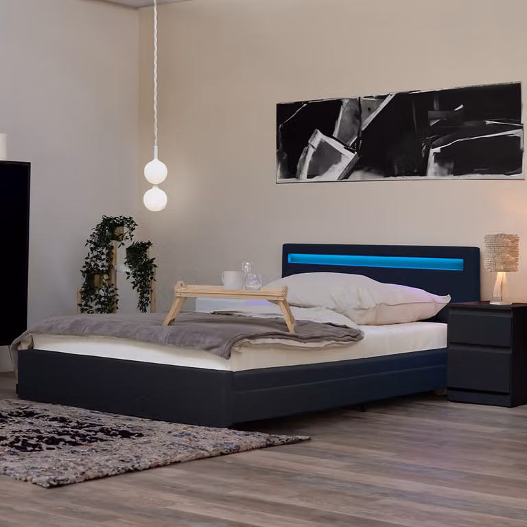 Home Deluxe - Letto LED NUBE - grigio scuro, 180 x 200 cm - incl. materasso, rete a doghe e cassetti I Letto imbottito Letto di design incl. illuminazione