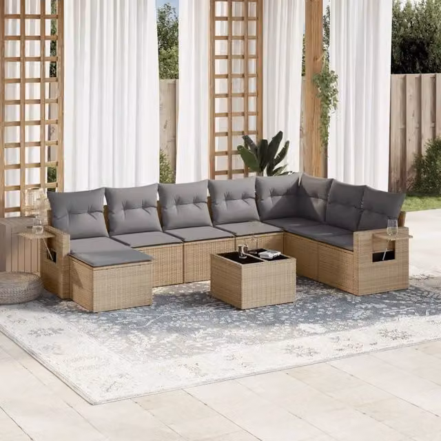 Set Divano da Giardino 9 pz con Cuscini Beige in Polyrattan 3252906