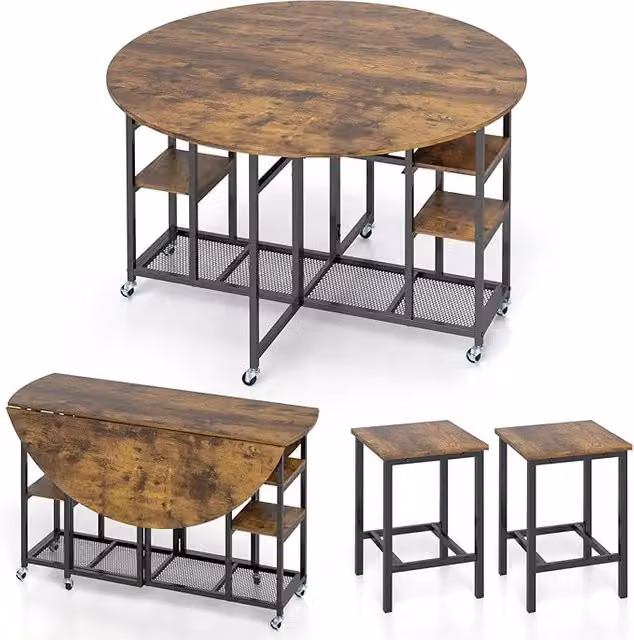 Set da Pranzo Pieghevole a 3 Pezzi, Tavolo da Cucina Rotondo con Ampio Piano e 2 Sgabelli, Scaffali e 6 Ruote Universali, Tavolo da Pranzo per Soggiorno, Sala da Pranzo e Cucina
