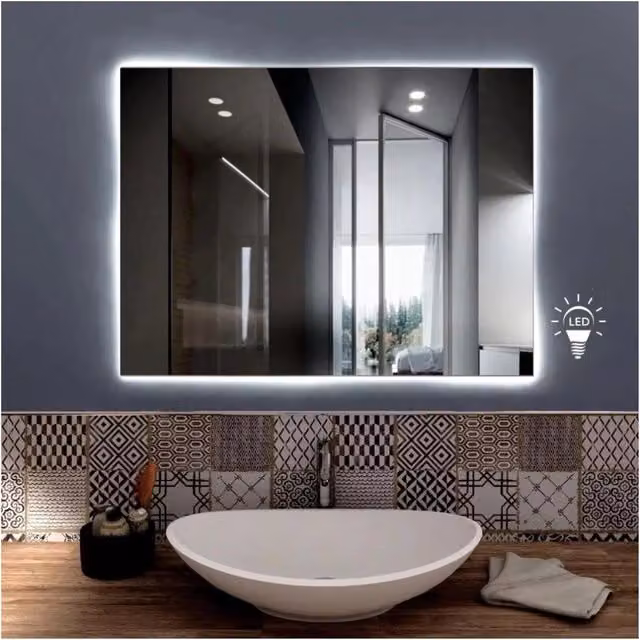 Specchio da bagno rettangolare Saturno con retroilluminazione LED, accensione soft touch e funzione anti appannante, telaio in PVC nero, L 60 cm x H 70 cm