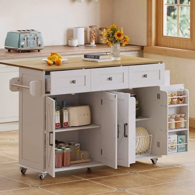Isola cucina con piano ribaltabile in MDF bianco e naturale 140 x 70 x 93 cm con 4 ante 3 cassetti