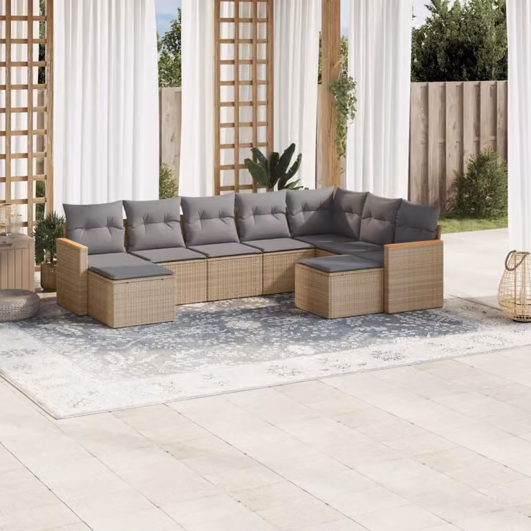 vidaXL Set Divano da Giardino a L 9 pz in Polyrattan con Cuscini Beige e Grigio e Struttura in Acciaio Verniciato a Polvere