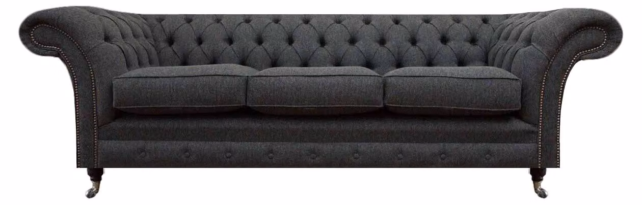 Dunkelgraue Chesterfield Textilcouch Wohnzimmer Dreisitzer Edle Sitzmöbel