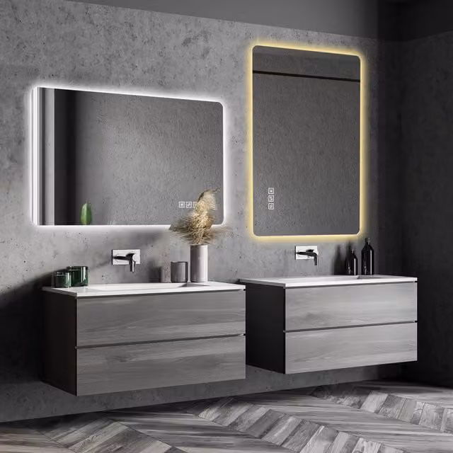 Specchio da bagno moderno REDOM con luce LED dimmerabile e funzione antiappannamento, Argento, L: 60 cm, H: 100 cm