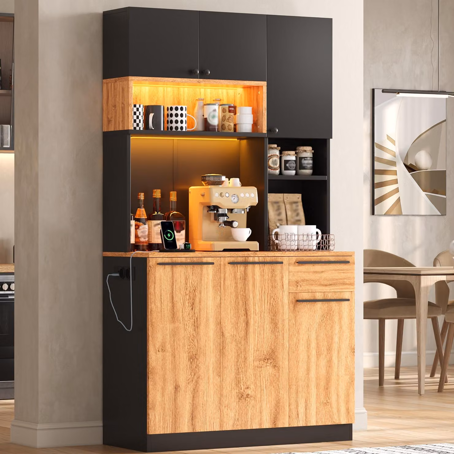 Armadio da cucina Flieks con illuminazione a LED, prese elettriche, mobile alto con 6 ante e 1 cassetto, credenza per cucina, soggiorno e sala da pranzo, finitura naturale e nera