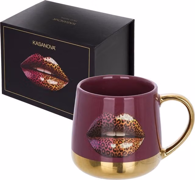 Tazza in ceramica con decorazione labbra leopardate marrone e oro, 360 ml – 1