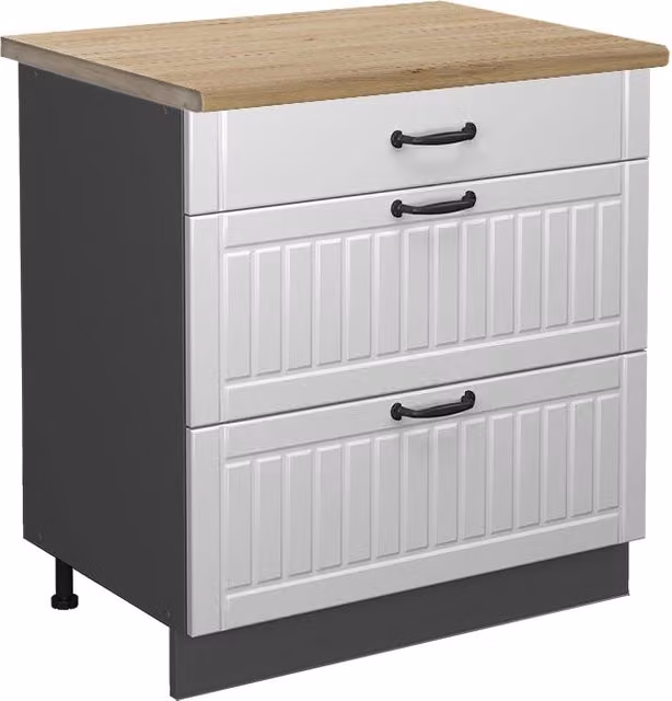 Mobiletto base per cucina Fame-Line Bianco rustico/Antracite 80 cm con 3 cassetti, PL Rovere Vicco