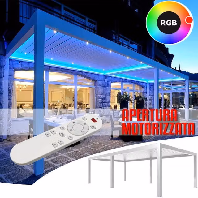 Pergola bioclimatica moderna in alluminio bianco con apertura lamelle motorizzata, impianto LED RGB e sistema di raccolta acqua piovana, dimensioni 8 x 4 m – 1