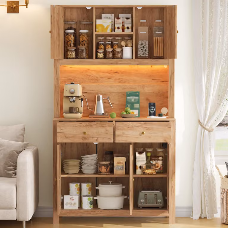 Mobiletto da cucina in MDF, dimensioni 100x40x180 cm, con 5 ante in rattan, 2 cassetti, illuminazione a LED e una striscia di prese elettriche, ideale per cucina, sala da pranzo e soggiorno