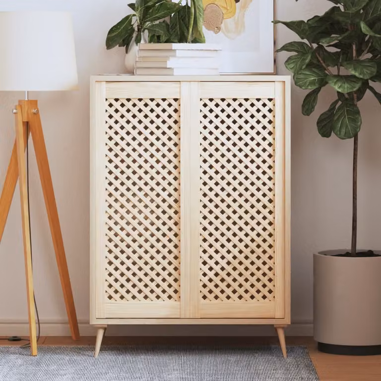 Set di 2 ante vidaXL con design geometrico a reticolo in legno di pino naturale, colore beige/marrone, L: 39,5 cm x H: 99 cm