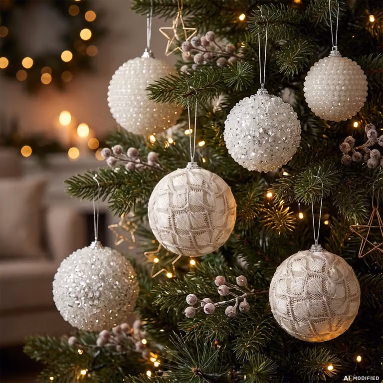 Set di 6 palline di Natale bianche VESTIAMO CASA in stile shabby chic, diametro: 8 cm