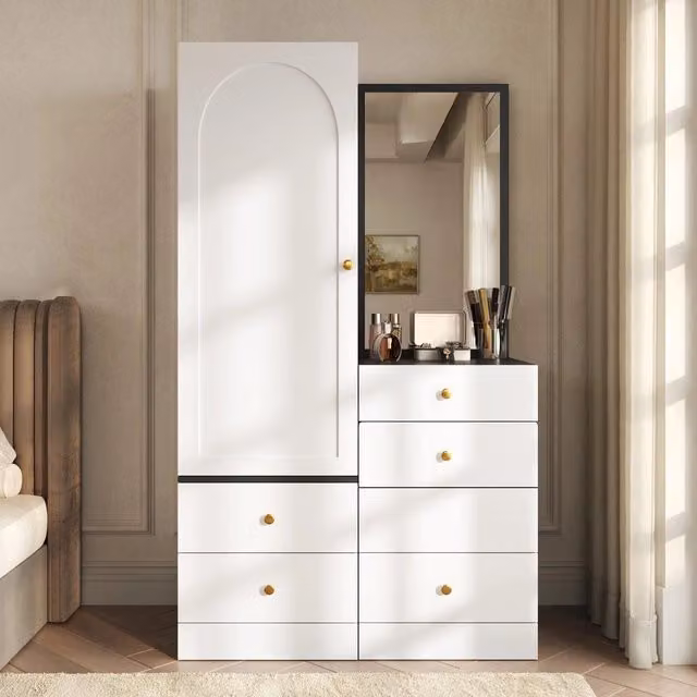 Armadio multiuso con specchio e cassetti ¨C Minimal ¨C Bianco, MDF, 90x51x180