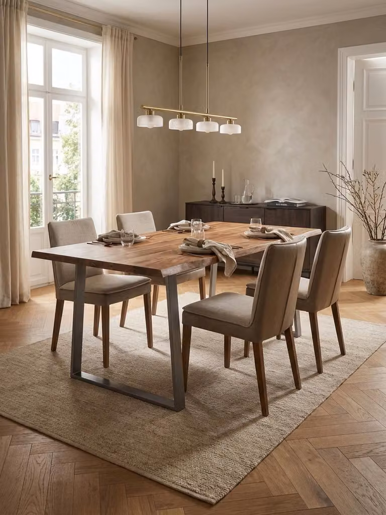 Tavolo da pranzo 180x90x76 cm in legno massello di acacia / metallo, con bordo naturale, tavolo da cucina in legno massello con gambe trapezoidali cromate, tavolo da pranzo rettangolare in legno
