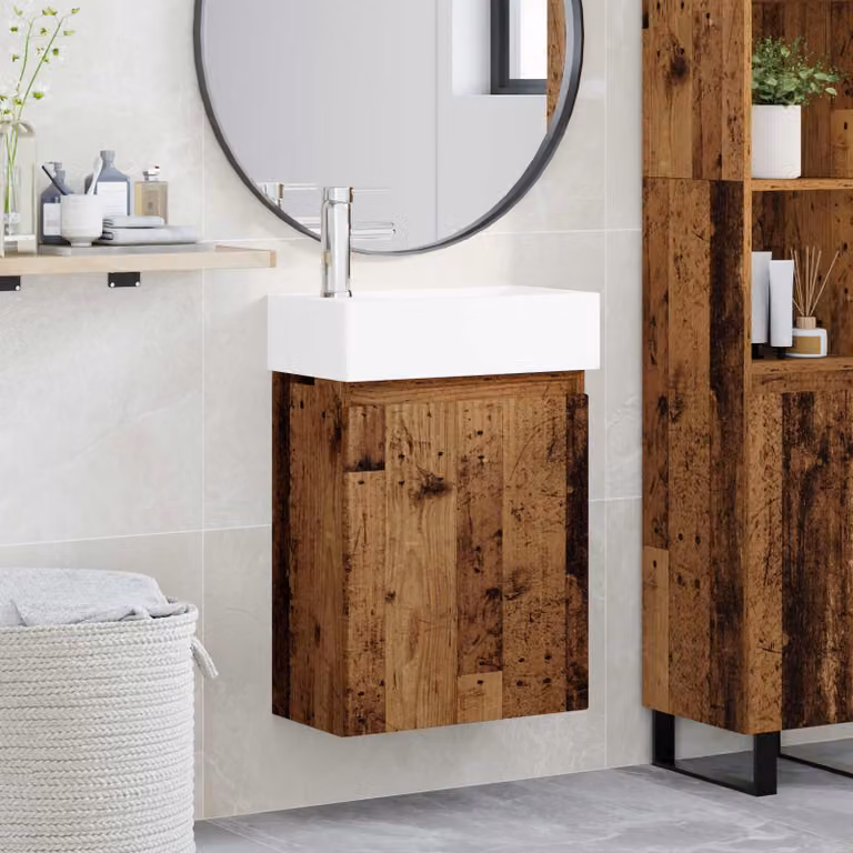 Mobile bagno con rubinetto vidaXL in legno antico, L: 45,5 cm, P: 22,5 cm, H: 84 cm