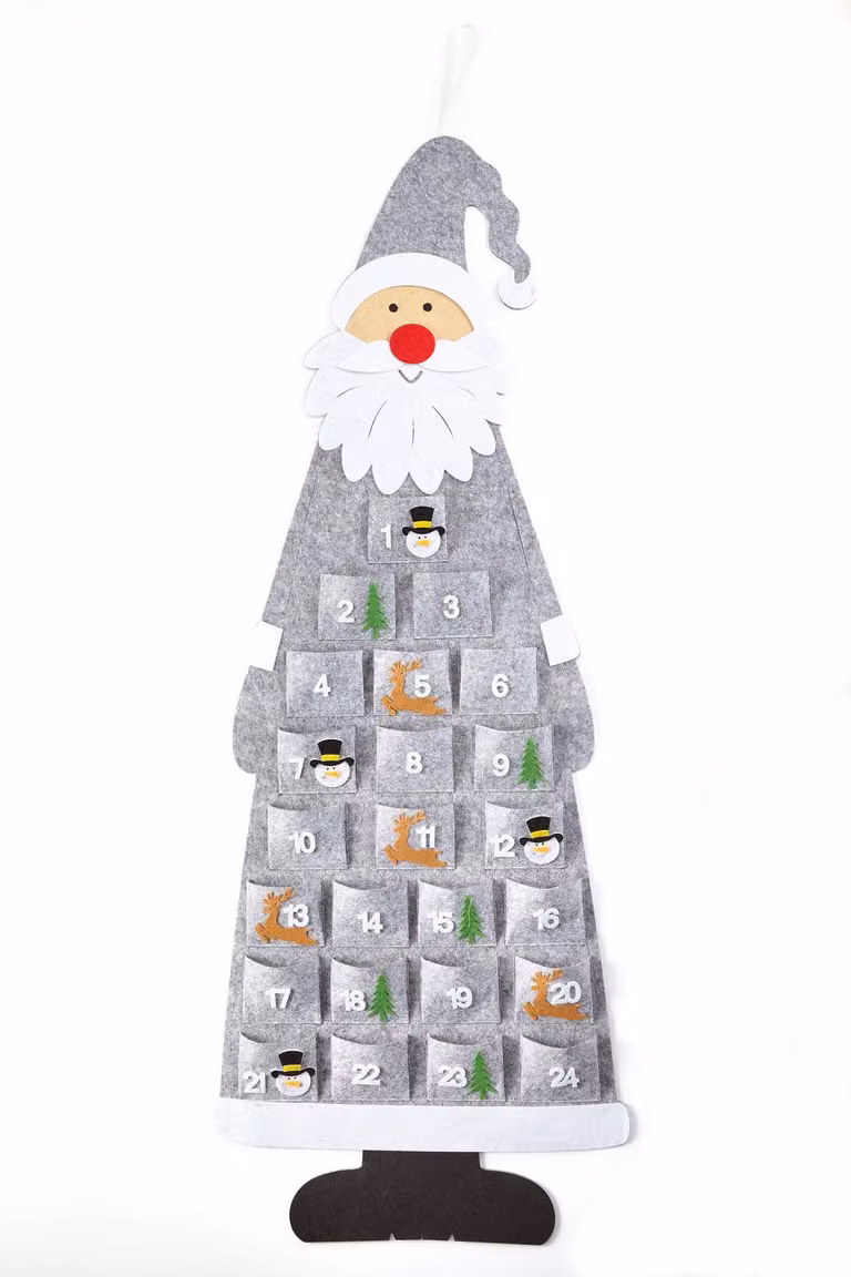 Calendario dell'Avvento in feltro, raffigurante Babbo Natale, grigio/bianco, con 24 scomparti, altezza 1,16 metri