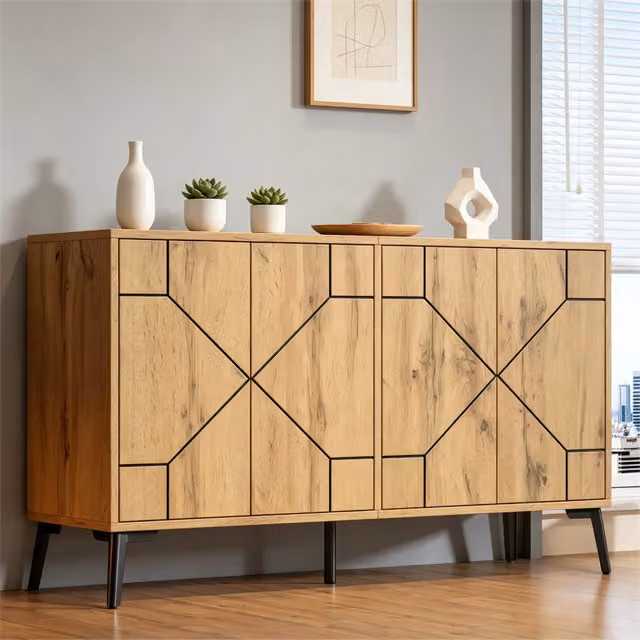 Madia REDOM a 4 ante in MDF con finitura opaca effetto rovere naturale e dettagli in metallo, colore marrone, L 120 cm x P 35 cm x H 69 cm – 1