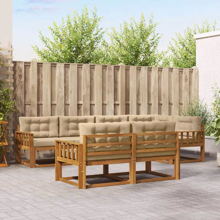 vidaXL Set di divani da esterno a forma di U in legno di acacia con cuscini, 8 pezzi, Beige e Marrone