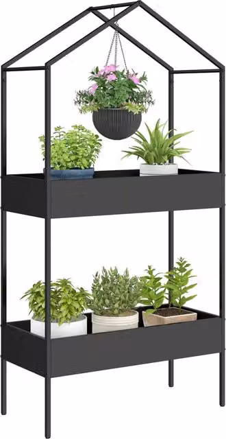 Scaffale Portapiante a Forma di Casetta a 2 Ripiani in Metallo Nero 150 cm con Gancio e Piedini Regolabili per Casa e Giardino