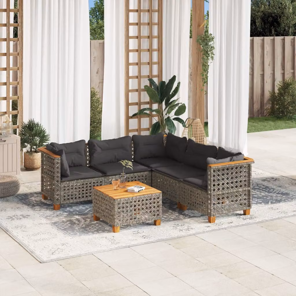 vidaXL Set Divano da Giardino 6 pz in Polyrattan Grigio con Cuscini e Tavolino – 1