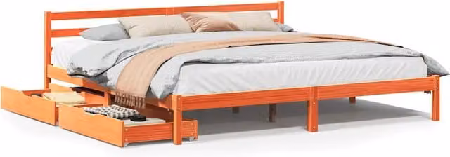 Letto matrimoniale in legno di pino color marrone cera con cassetti stile rustico L/P/H: 200 x 200 x 69,5 cm