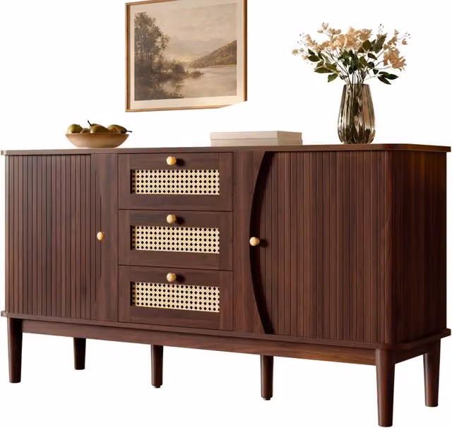 Sideboard in rattan con ante scorrevoli, ripiani regolabili e piano arrotondato