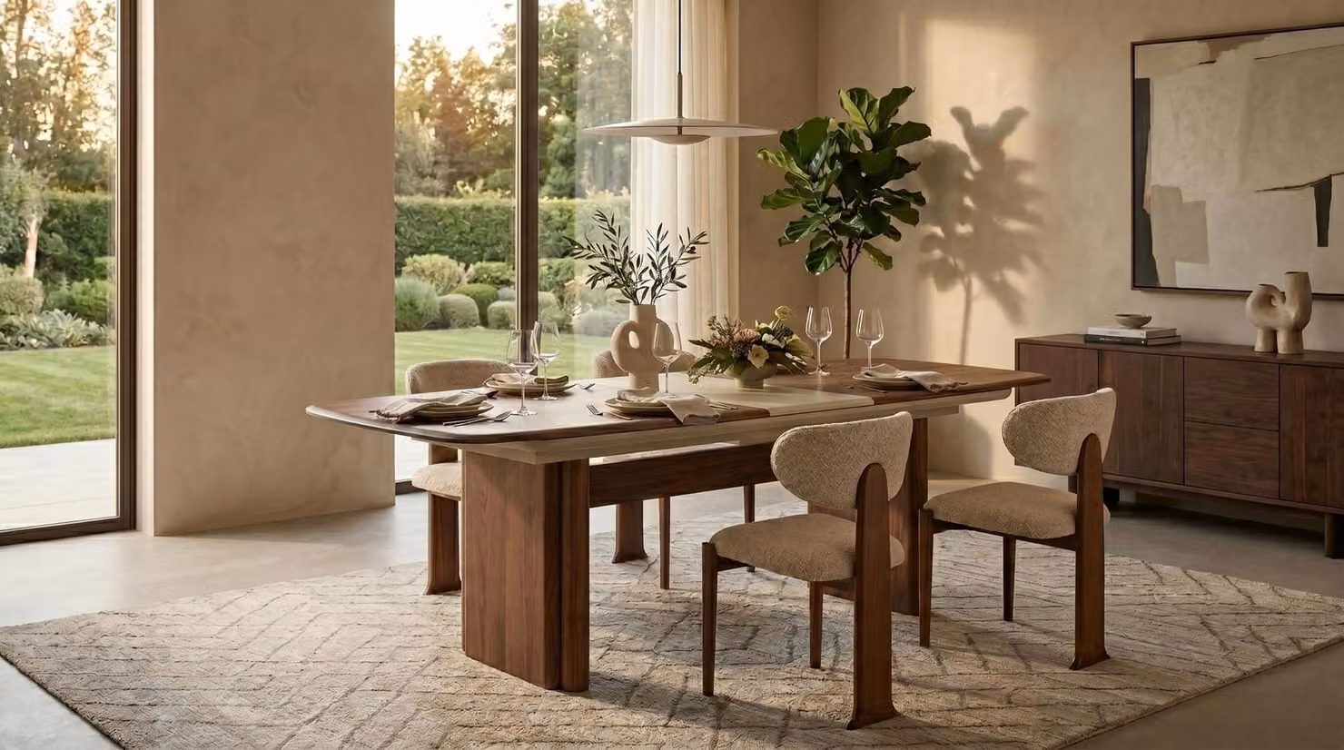 Set da pranzo: tavolo allungabile, 4 sedie, design elegante, color beige, stile moderno