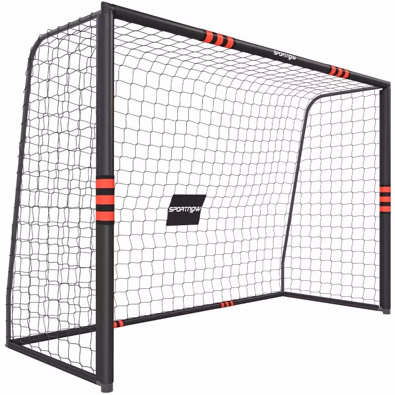 Porta da calcio da giardino OKWISH con rete e telaio imbottito in metallo, colori nero e rosso, L: 300 cm x H: 200 cm – 2