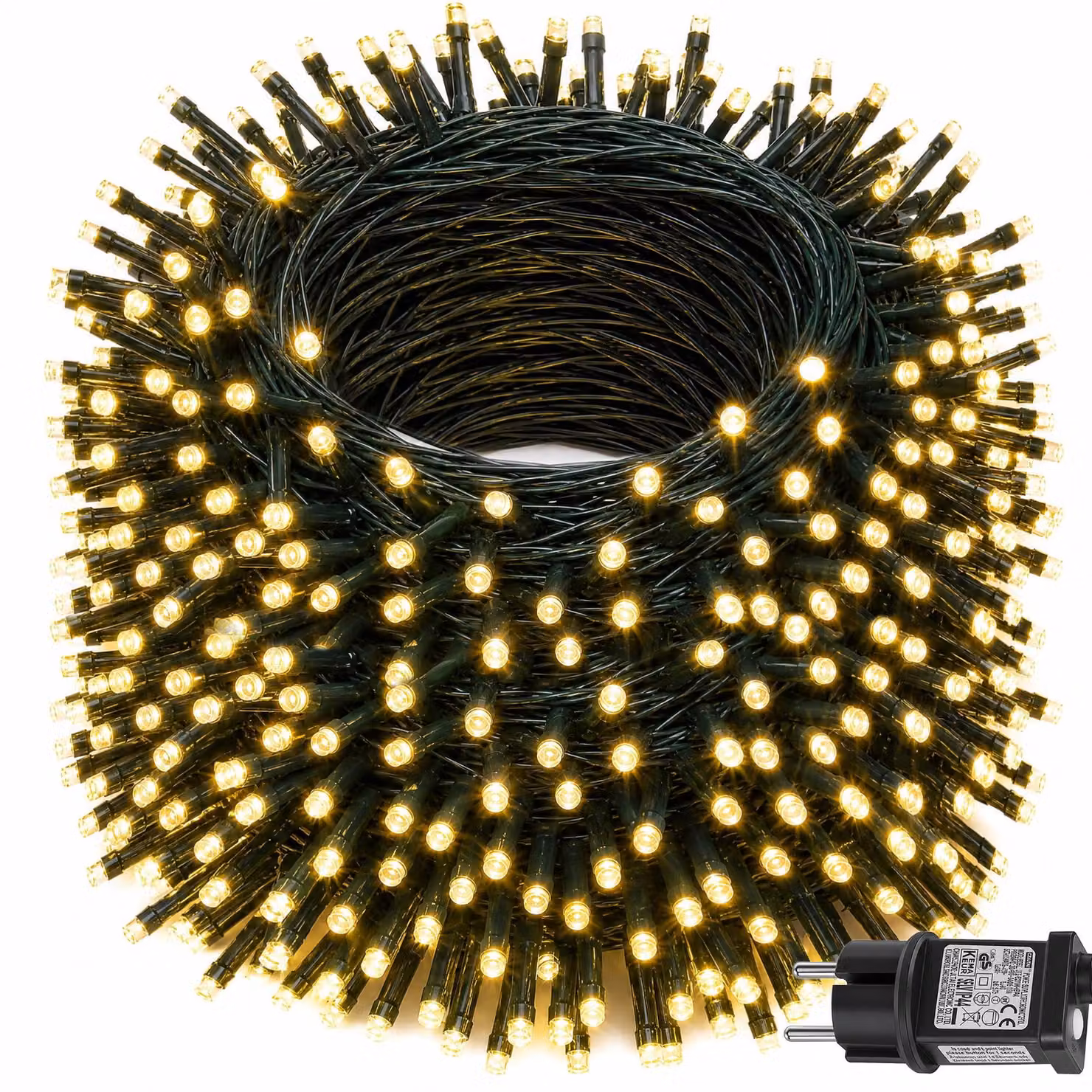 Catena luminosa con 1000 LED, lunghezza 25 metri, luce bianca calda, adatta per uso esterno