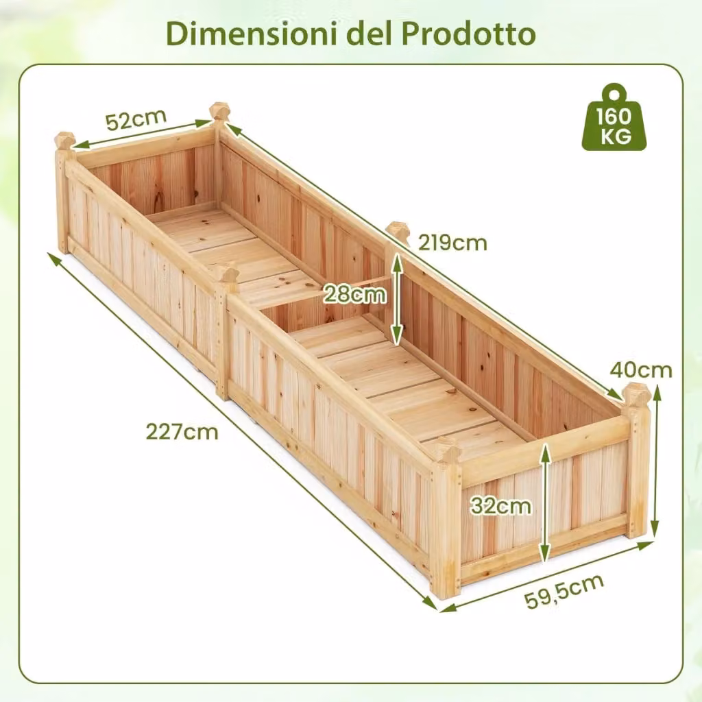 Letto da esterno rialzato in legno Costway, fioriera rettangolare con divisorio e sistema di drenaggio, colore marrone, L: 227 cm, P: 59,5 cm, H: 40 cm – 2