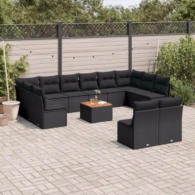 Set di divani da giardino a forma di U vidaXL in polyrattan nero con cuscini e tavolino da caffè – 1