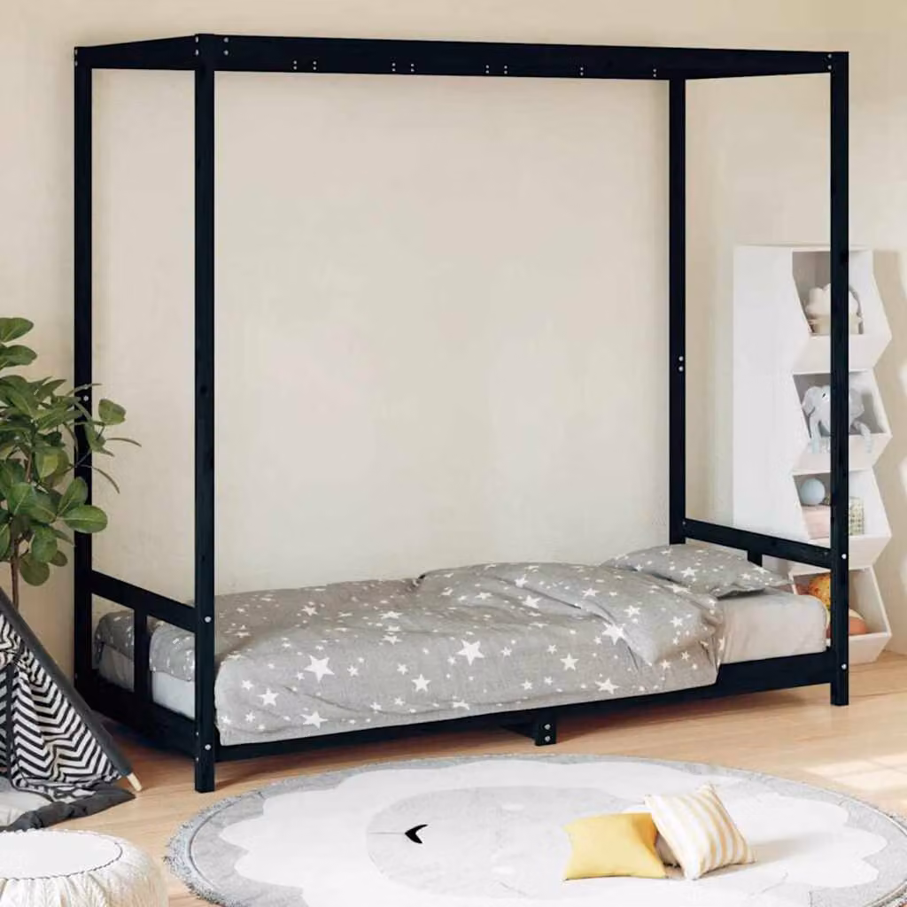 vidaXL Letto a casetta per bambini in legno massello di pino nero L 200 x P 80 cm