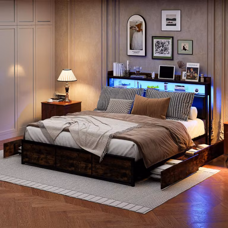 Letto imbottito PU, 180x200 cm, con illuminazione LED, 4 cassetti e spazio contenitivo, testiera nera