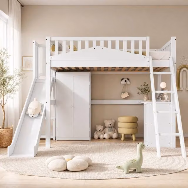 Letto a Castello per Bambini con Scala, Scrivania e Armadio, Bianco, 90x200 cm, Struttura in Pino, MDF e Compensato